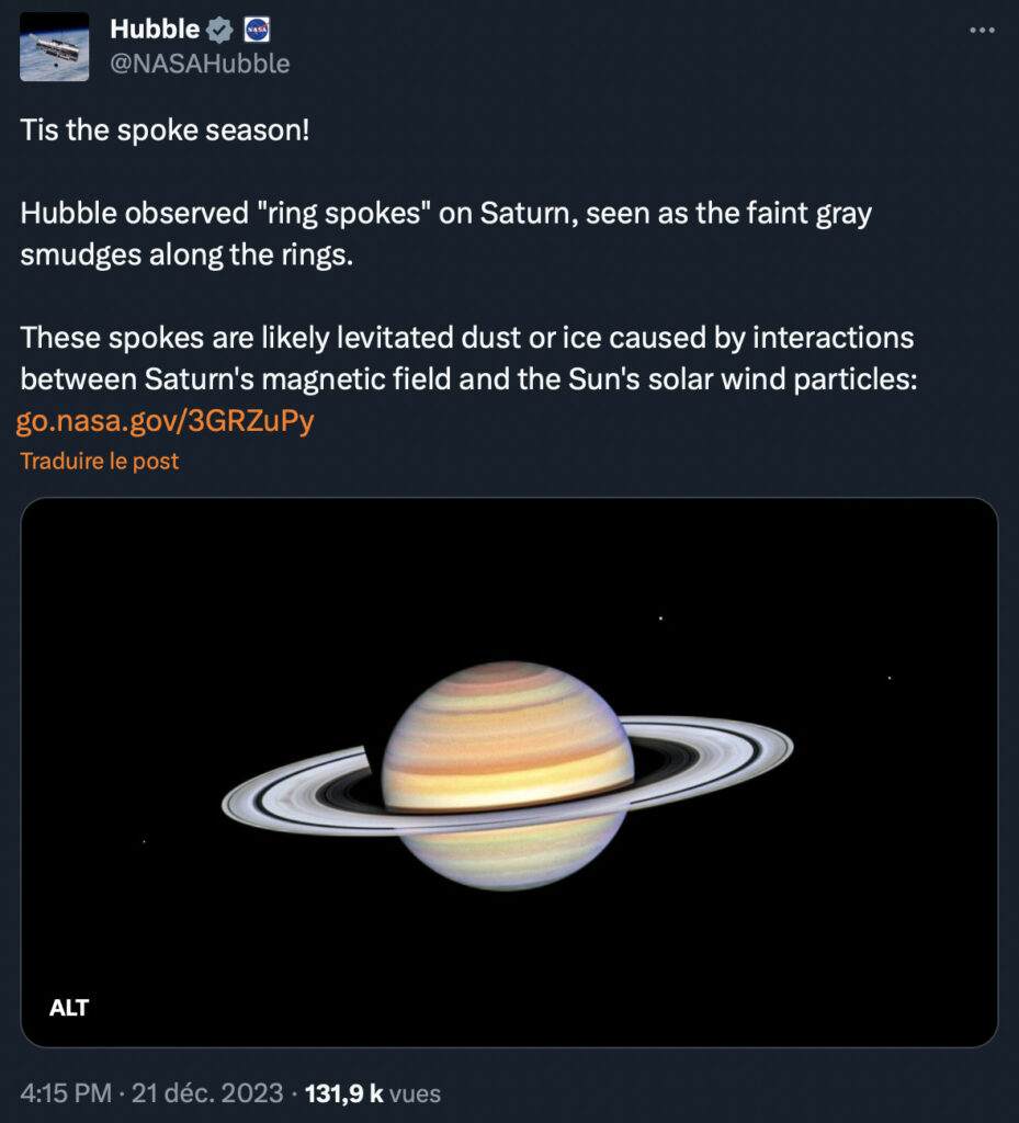 La nouvelle image de Saturne. // Source : Capture d'écran X @NasaHubble