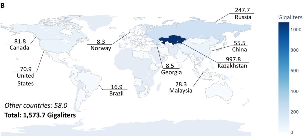 Consommation en eau du Bitcoin par pays en 2021 // Source : Alex de Vries, Bitcoin’s growing water footprint,  Cell Reports Sustainability (2024)