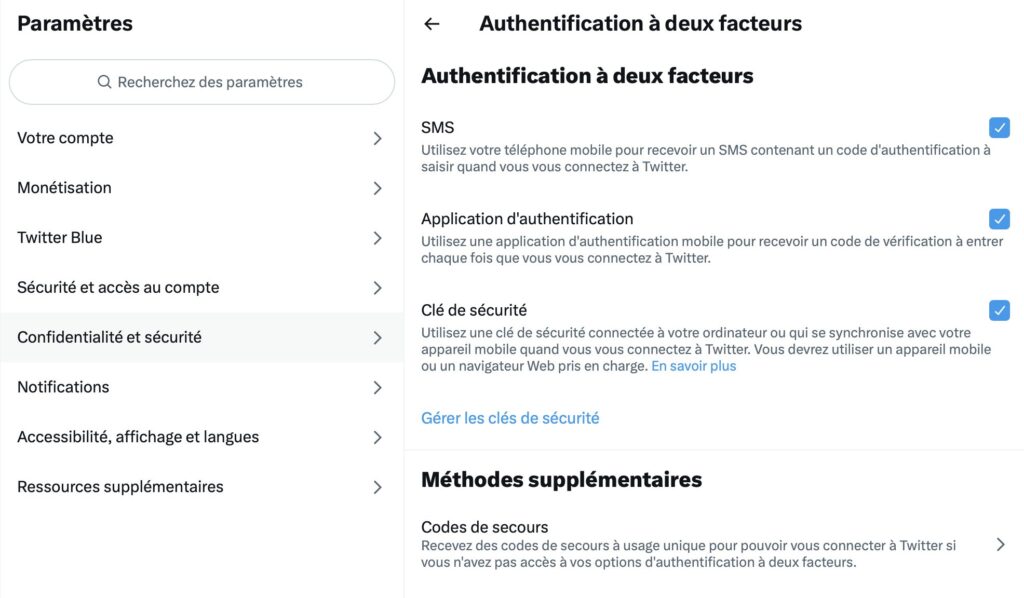 Rendez-vous dans les paramètres de Twitter, rubrique « Confidentialité et sécurité », puis choisissez « Authentification à deux facteurs ». // Source : Numerama