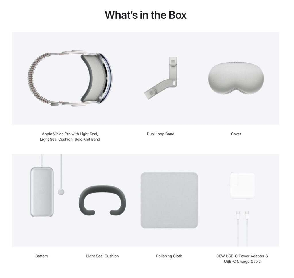 Le contenu de la boîte du Apple Vision Pro.