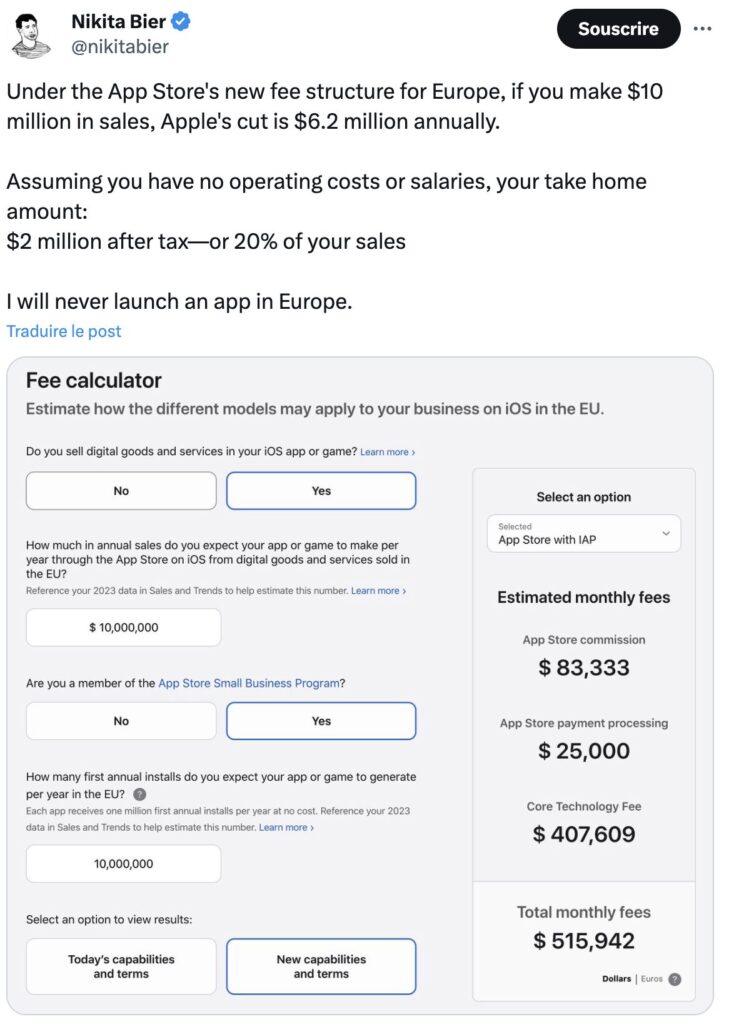 Apple a fabriqué un simulateur pour comparer les taxes entre l'ancien et le nouveau système. Presque à tous les coups, les 50 centimes par téléchargement créent des dettes colossales.