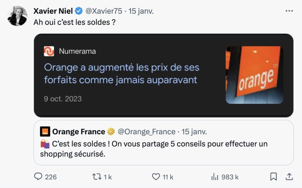 In a tweet that went viral, Xavier Niel made fun of Orange's practices on January 15.  He used an article from Numerama to support his remarks.