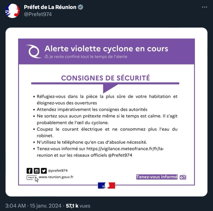 Consignes de sécurité liées à l'alerte violette. // Source : Via X @Prefet974