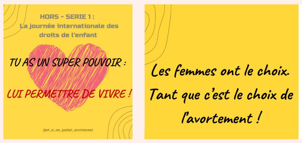 Un exemple de contenu Instagram cité par l'étude de la Fondation des Femmes. Le compte en question se présente comme un espace de discussion neutre sur l'avortement, mais qui tient en vérité des propos dissuasifs sur l'IVG.