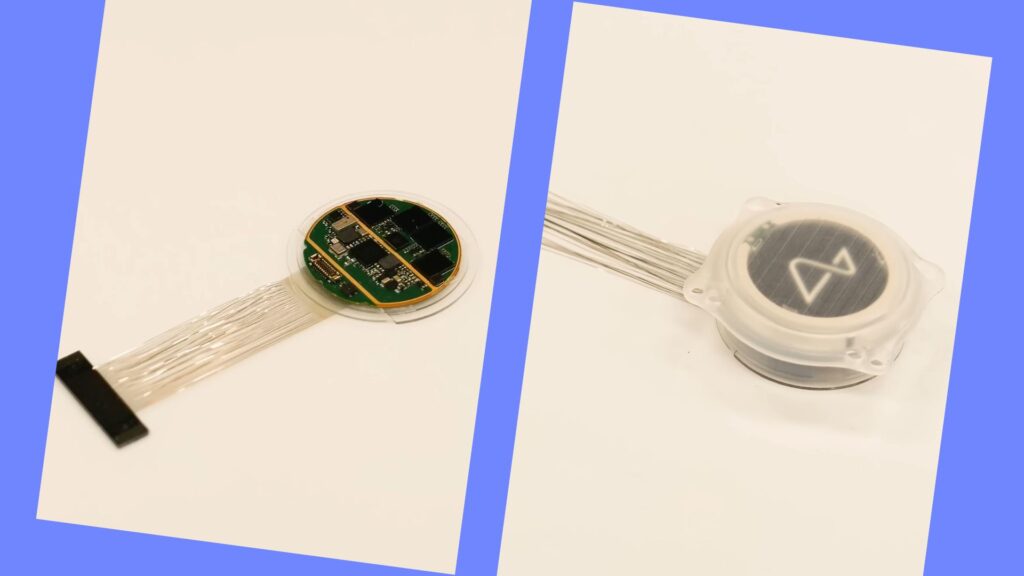 On the left, the printed circuit within the chip.  On the right, the chip once closed.  // Source: Neuralink