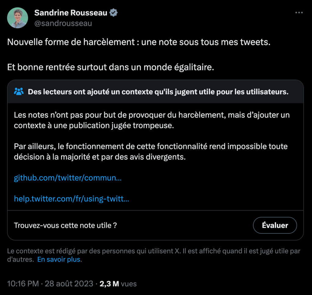 Le tweet de Sandrine Rousseau dénonçant son harcèlement à travers les COmmunity Note a lui-même reçu une note // Source : Capture d'écran Numerama
