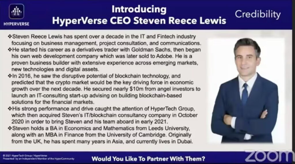 Steven Reece Lewis's CV a presentation video from HyperVERse // Source: YouTube / Hyperians