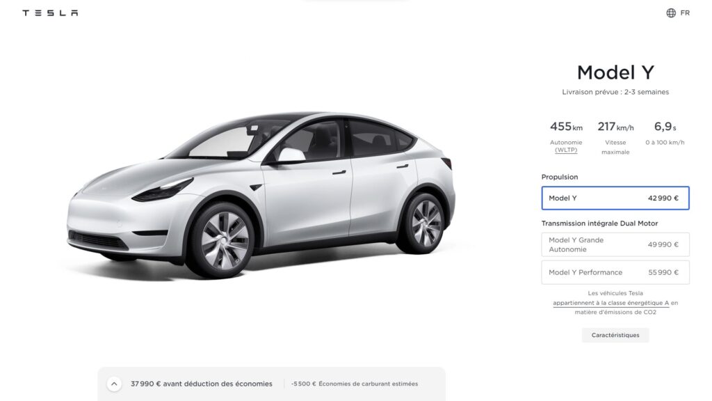 Nouveaux tarifs du Tesla Model Y  // Source : capture du site Tesla