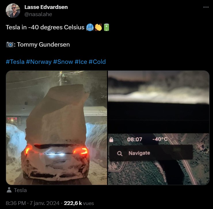 Fonctionnement d'une Tesla par -40° // Source : Twitter- Lasse Edvardsen
