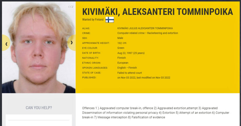 Aleksanteri Kivimäki's wanted poster.  // Source: Europol
