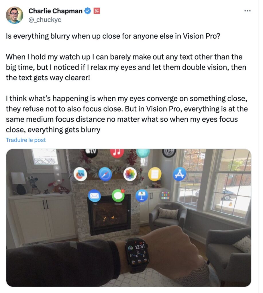Like me, this user is unable to read what is on their watch or phone. Yet when he takes a screenshot, the headset's cameras see everything clearly.