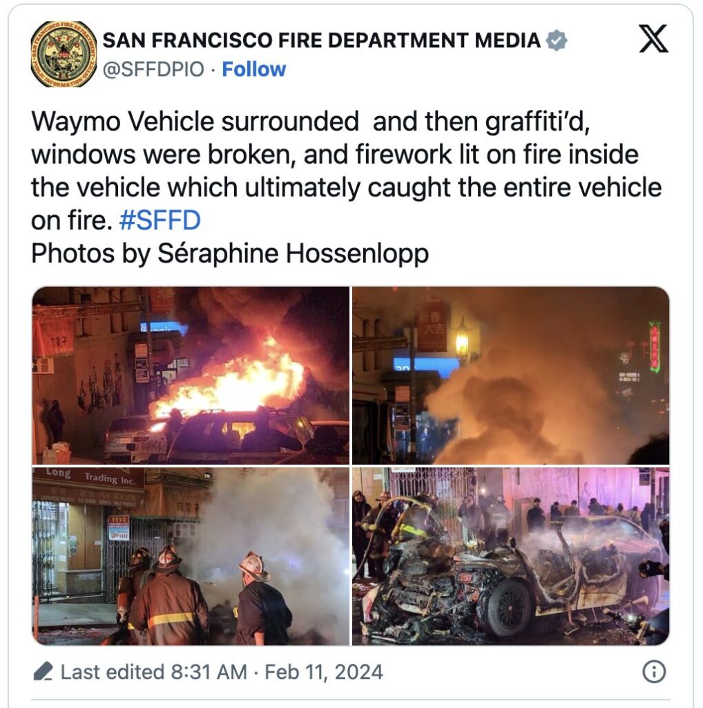 Les pompiers de San Francisco sont rapidement intervenus, mais la voiture était déjà détruite.