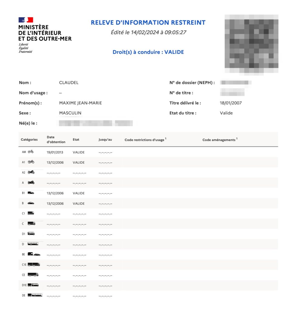 Relevé d’Information Restreint du permis de conduire (RIR) // Source : Capture d'écran