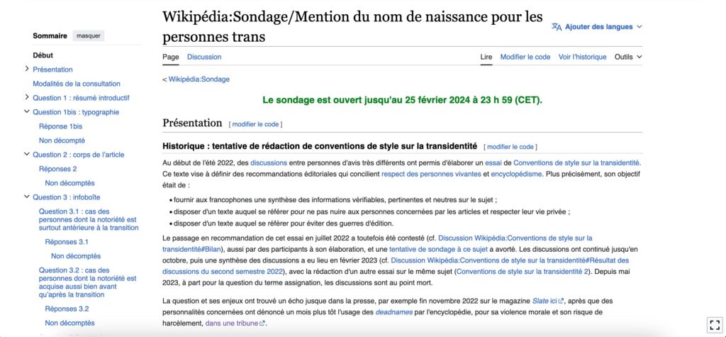 Le sondage lancé par les administrateurs de Wikipédia // Source : Capture d'écran Numerama
