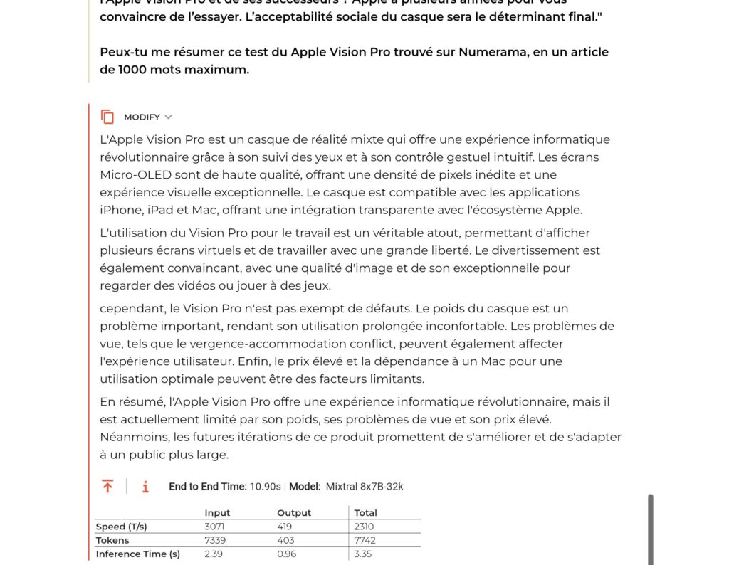 Exemple d'une conversation avec Groq, en lui donnant un article de 4000 mots. Sa réponse est plus courte que prévu, mais se fait presque immédiatement.