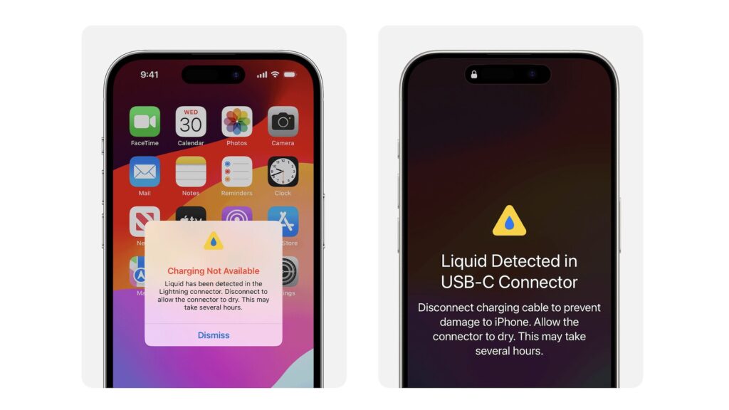 Message qui s'affiche sur l'iPhone quand il y a un liquide à l'intérieur // Source : Apple