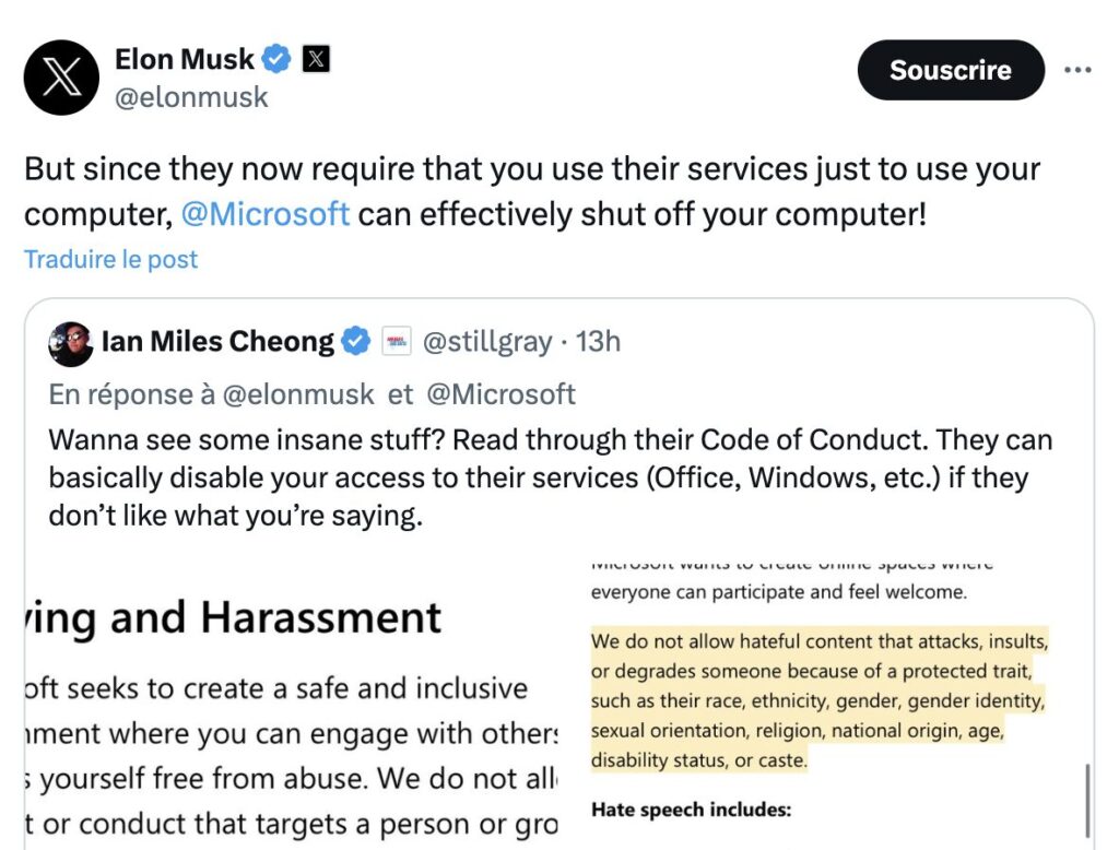 Malgré son erreur, Elon Musk pense que Microsoft impose un compte pour contrôler ce que disent ses utilisateurs.