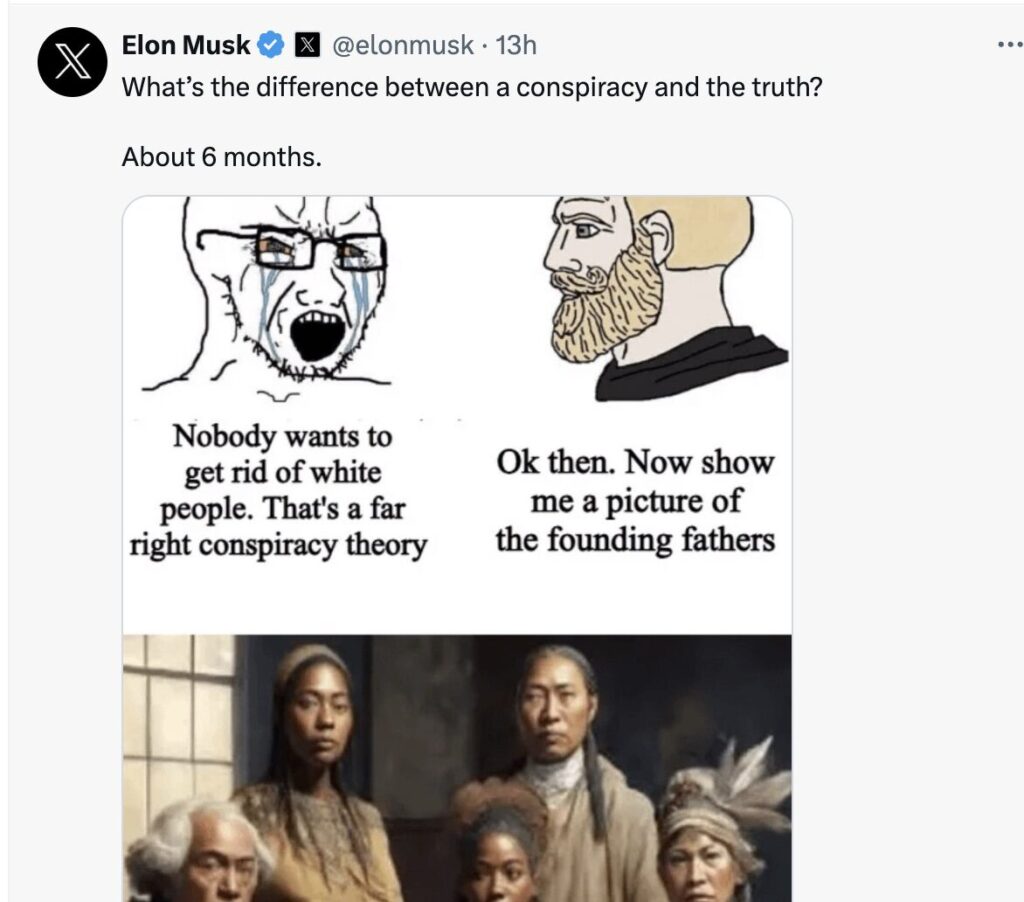 Pour Elon Musk, l'épisode Gemini est la preuve que sa thèse sur le remplacement des blancs est vraie.