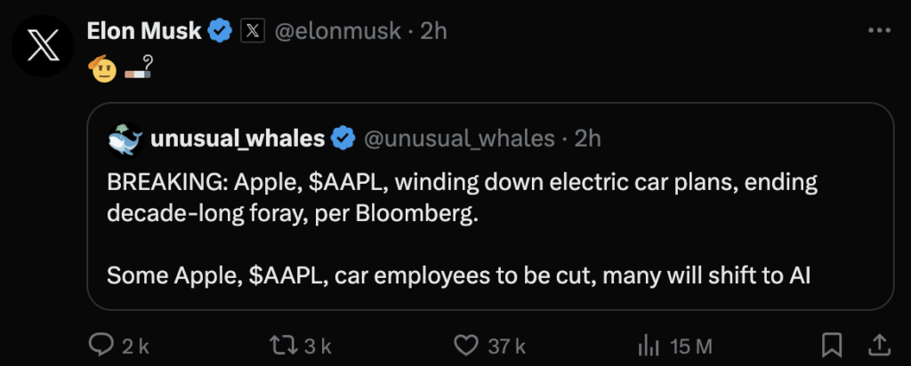 Elon Musk, who has long mocked Apple's project, welcomed the end of the project.