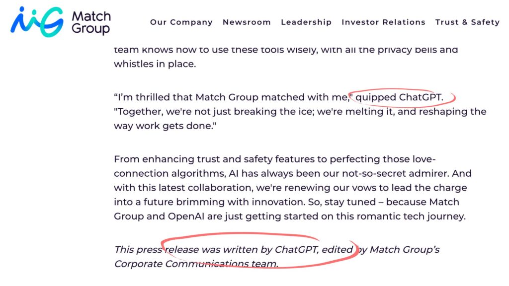 Le communiqué a été écrit par ChatGPT // Source : Capture d'écran CP de MatchGroup