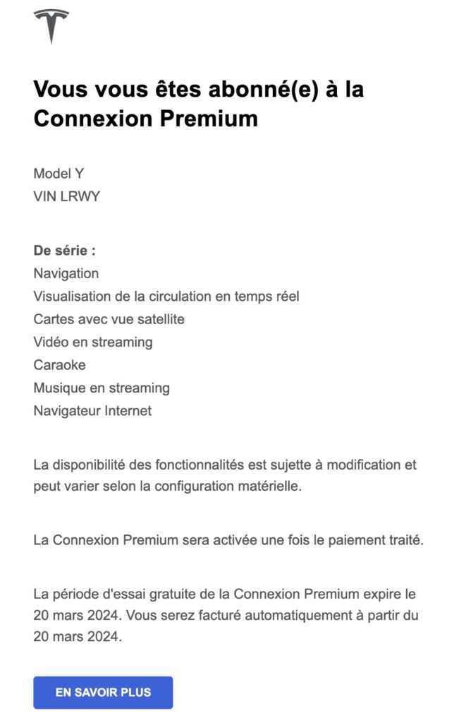 L'e-mail reçu une fois que l'on s'abonne à la connexion premium de Tesla