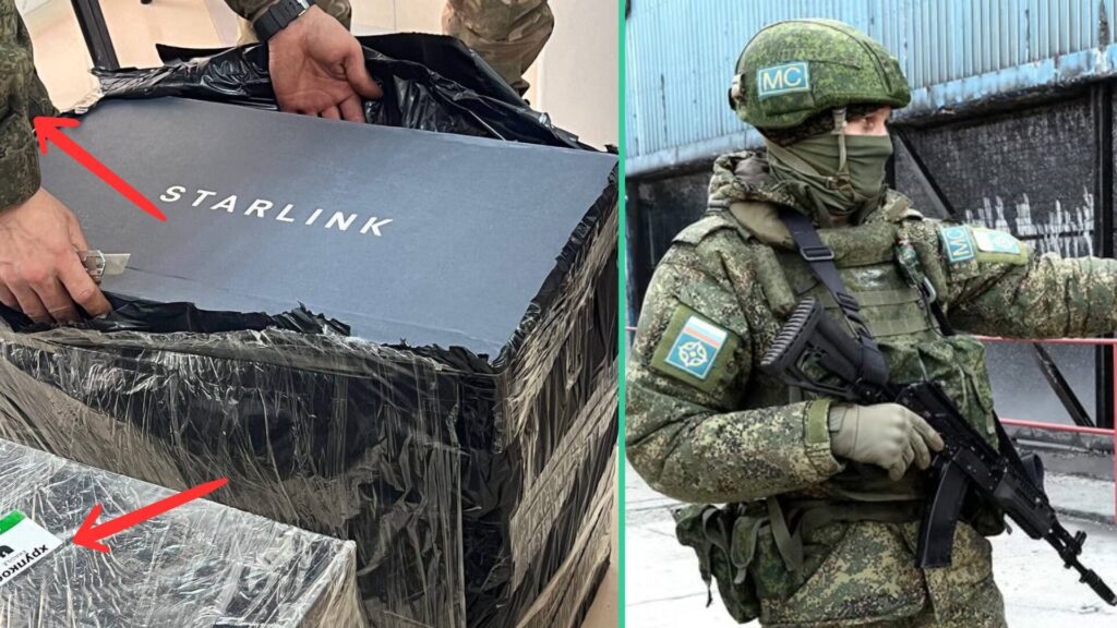 Les motifs sur la manche ainsi que le langage russe laisse croire que le paquet serait ouvert par un soldat russe. // Source : X