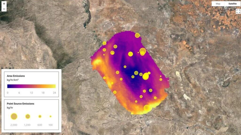 Carthographie gazière et pétrolière superposées à des données de fuite (et leur zone de couverture). // Source : Google