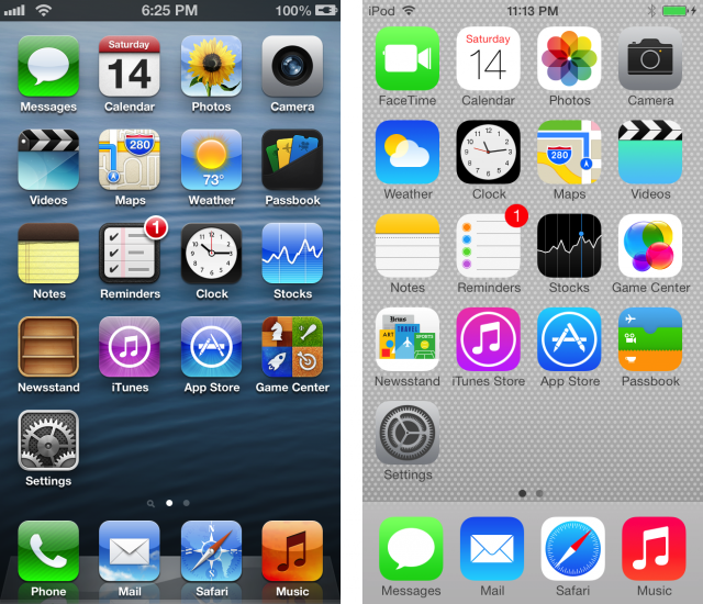 iOS 6 à gauche, iOS 7 à droite. Une décennie plus tard, Apple a conservé le design plat.