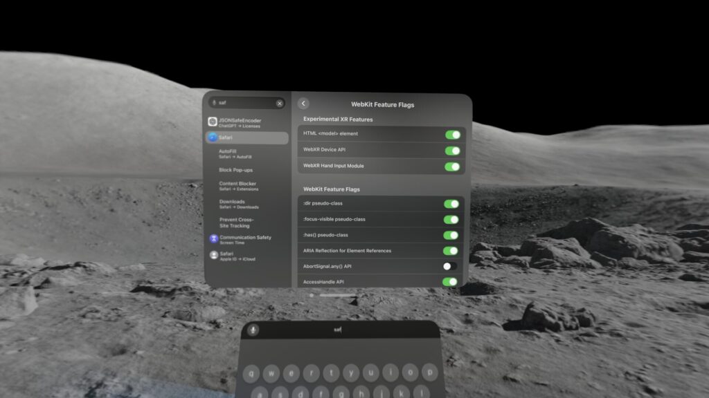 WebXR est un réglage optionnel dans visionOS. Et il n'est pas complet.