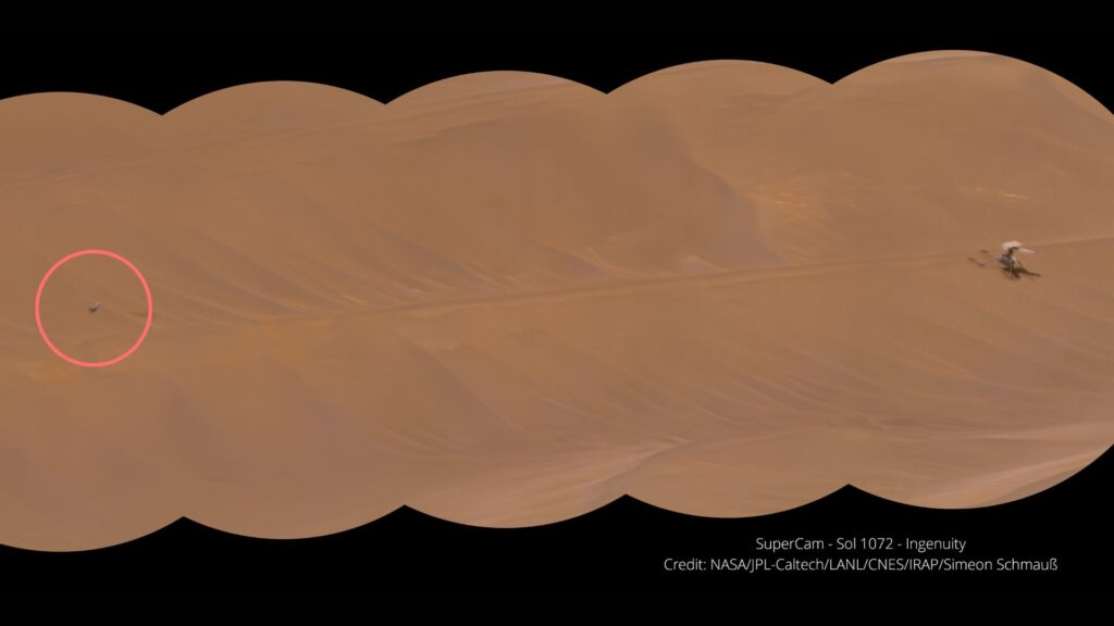 Mosaïque d'images retravaillées, montrant Ingenuity sur Mars. // Source : NASA/JPL-Caltech/LANL/CNES/IRAP/Simeon Schmauß (image recadrée et annotée)