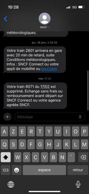 Un exemple de SMS confirmant la suppression d'un train. // Source : Capture d'écran Numerama