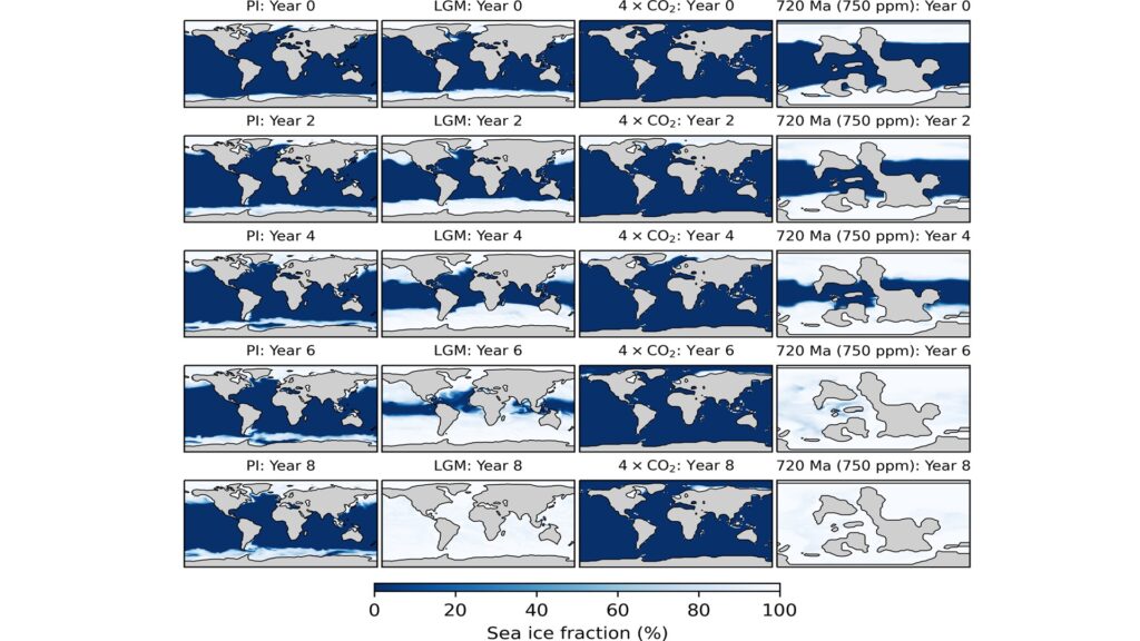 Représentation de la glaciation selon les périodes. Le XIXè siècle à gauche, le Néoprotérozoïque à droite. Source : étude