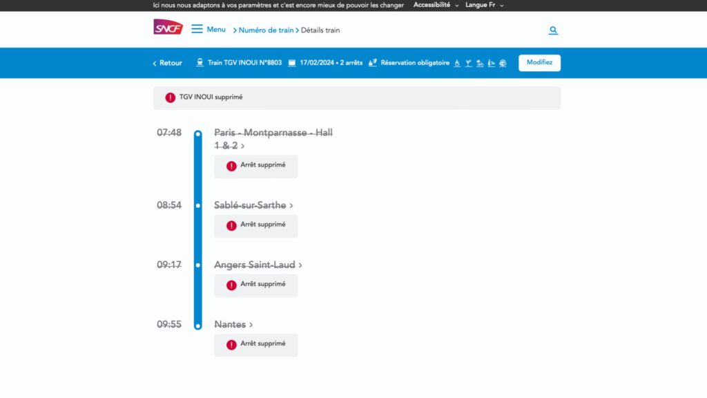 Un exemple de train supprimé en raison du mouvement de grève. // Source : Capture d'écran SNCF