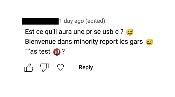 Exemple d'un commentaire YouTube laissé sous le test de l'Apple Vision Pro chez Numerama.