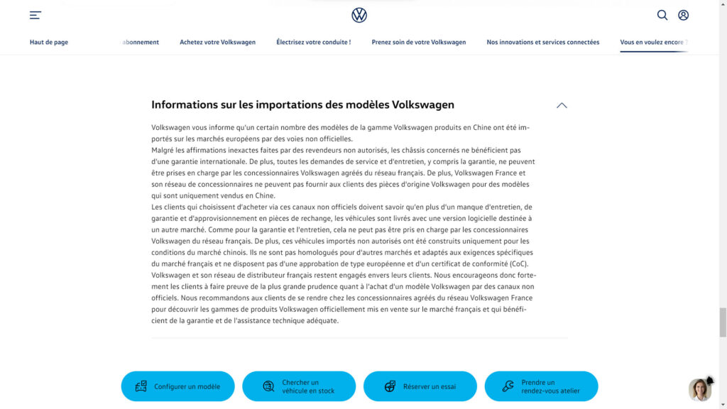 Message d'information Volkswagen  // Source : Capture du site Volkswagen