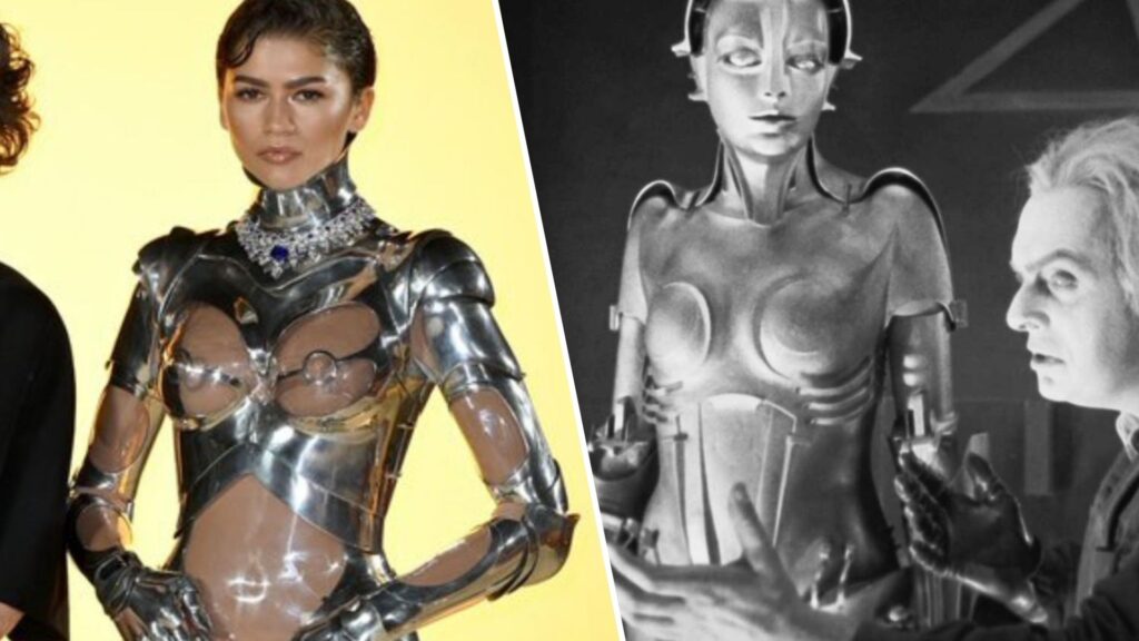 Zendaya's suit is inspired by the android from the film Metropolis (1927) on the right.  // Source: Warner Bros.  UK (photo by Zendaya)