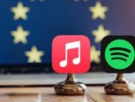 Les logos d'Apple Music et de Spotify devant un drapeau européen. // Source : Numerama, avec Midjourney