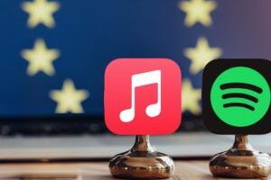 Les logos d'Apple Music et de Spotify devant un drapeau européen. // Source : Numerama, avec Midjourney