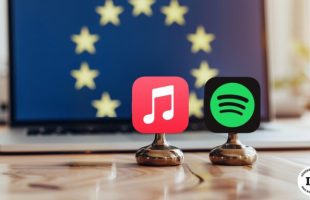 Les logos d'Apple Music et de Spotify devant un drapeau européen. // Source : Numerama, avec Midjourney