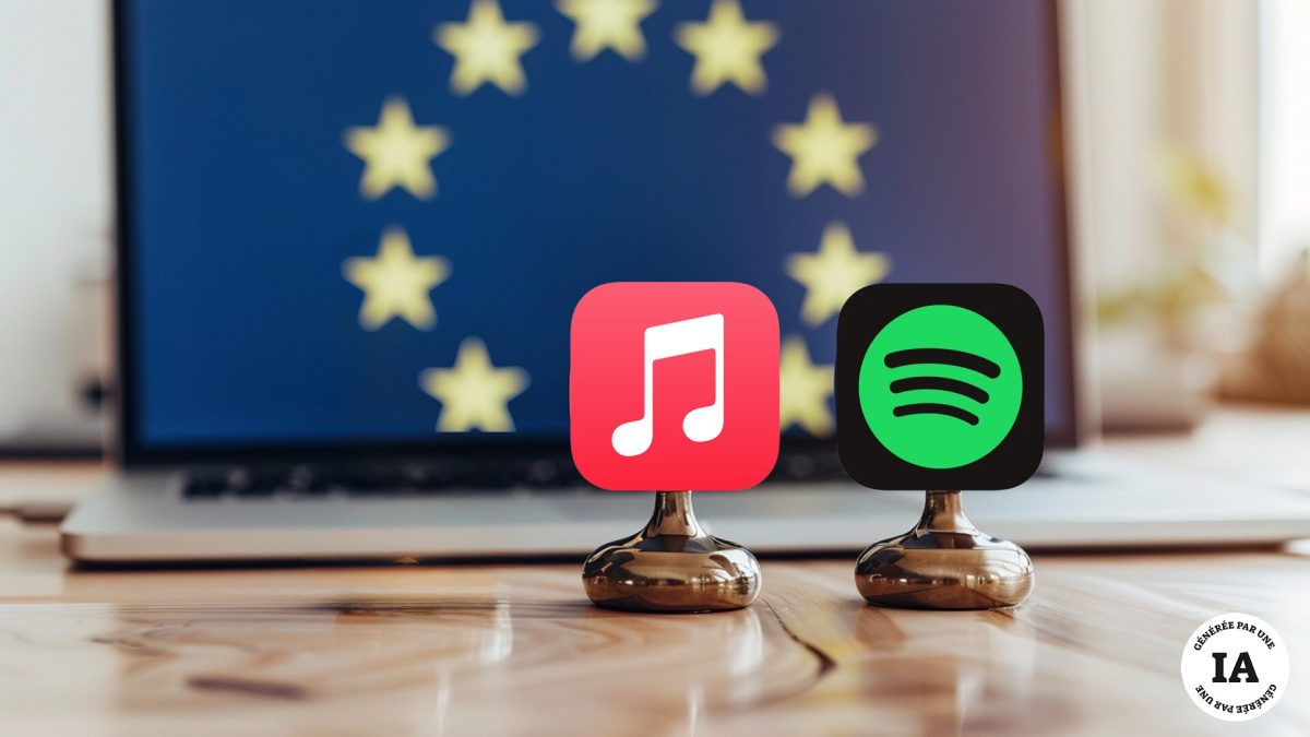 Les logos d'Apple Music et de Spotify devant un drapeau européen. // Source : Numerama, avec Midjourney