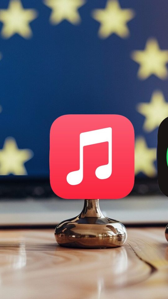 Les logos d'Apple Music et de Spotify devant un drapeau européen. // Source : Numerama, avec Midjourney