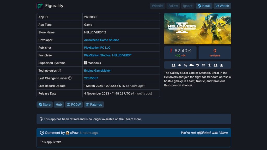 L'un des faux jeux Helldivers 2 // Source : SteamDB