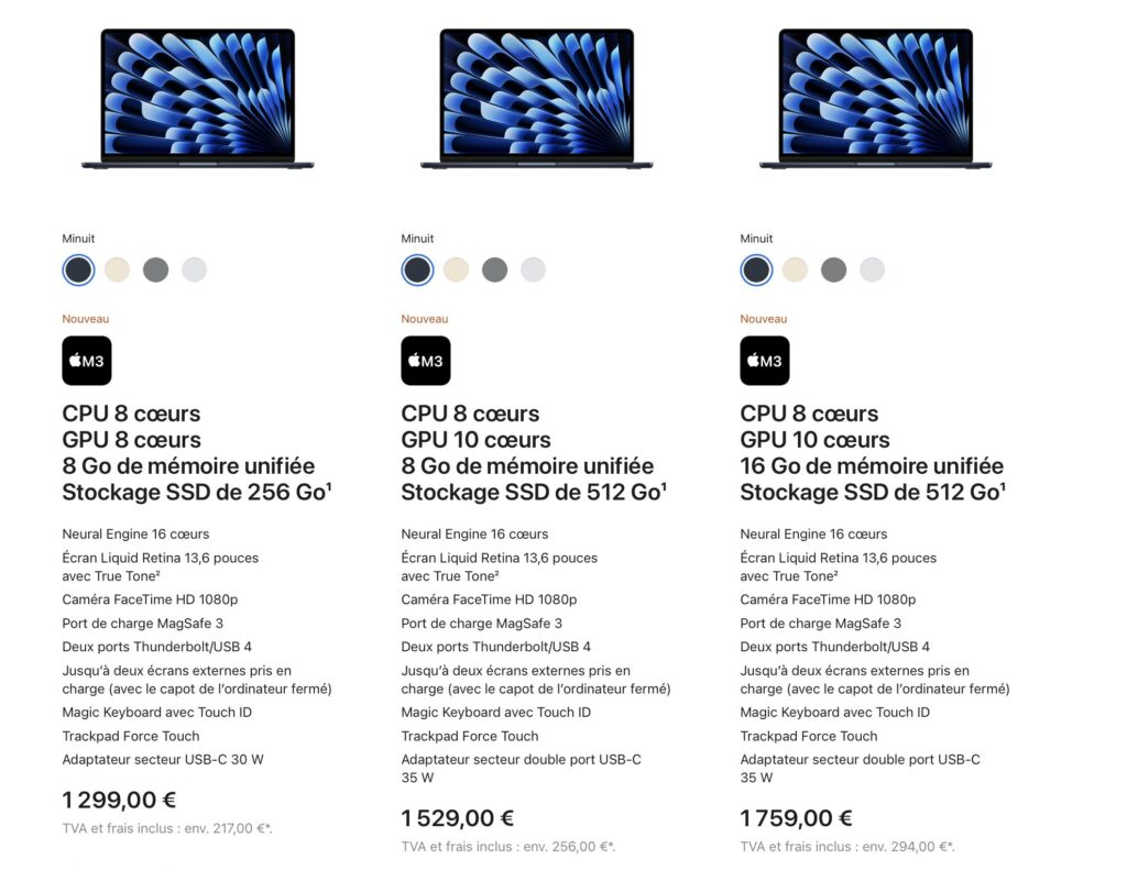 Les configurations du MacBook Air 13 pouces.