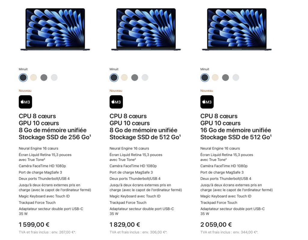 Les configurations du MacBook Air 15 pouces.