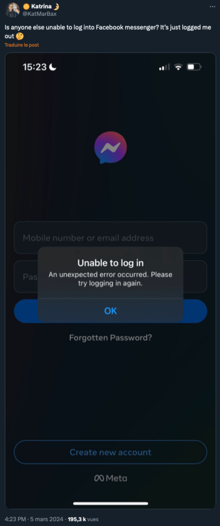 Facebook en panne. // Source : Capture X @KatMarBax