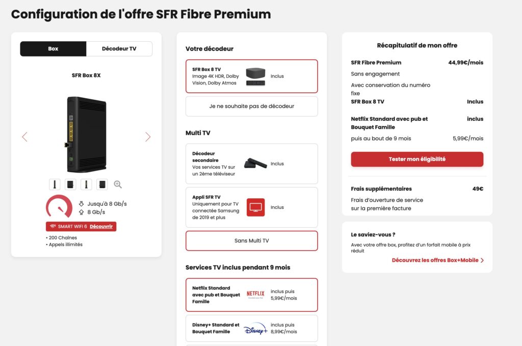 La page de configuration de l'offre SFR Fibre Premium.