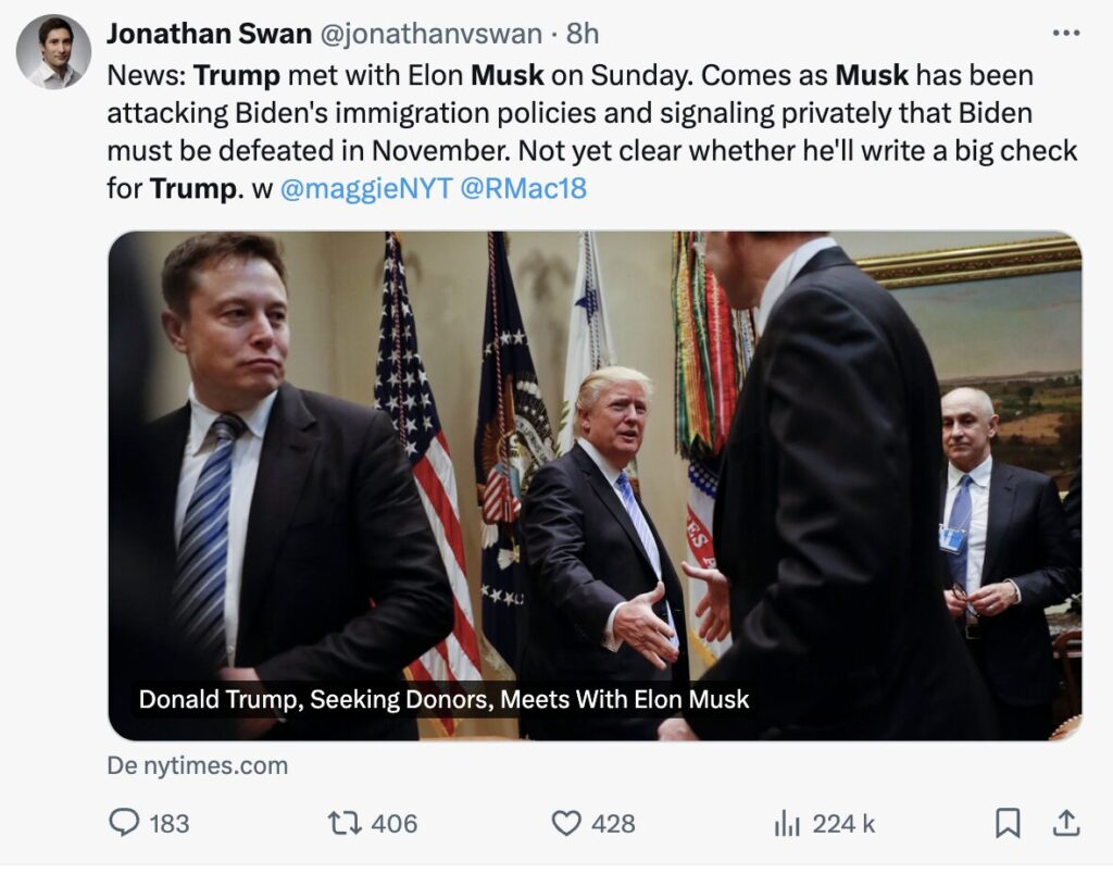 Le New York Times est le premier à obtenu l'info de la discussion Musk/Trump. Un rendez-vous en tête à tête pourrait prochainement avoir lieu.
