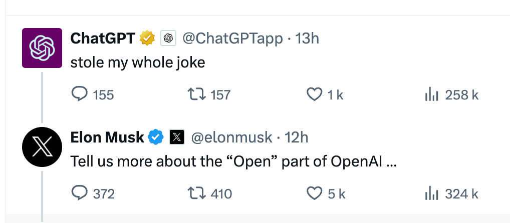 Le compte officiel de ChatGPT a répondu ironiquement à la publication de Grok-1, ce qui a incité Elon Musk à critiquer une nouvelle fois OpenAI.