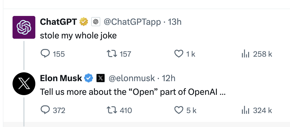 Le compte officiel de ChatGPT a répondu ironiquement à la publication de Grok-1, ce qui a incité Elon Musk à critiquer une nouvelle fois OpenAI.