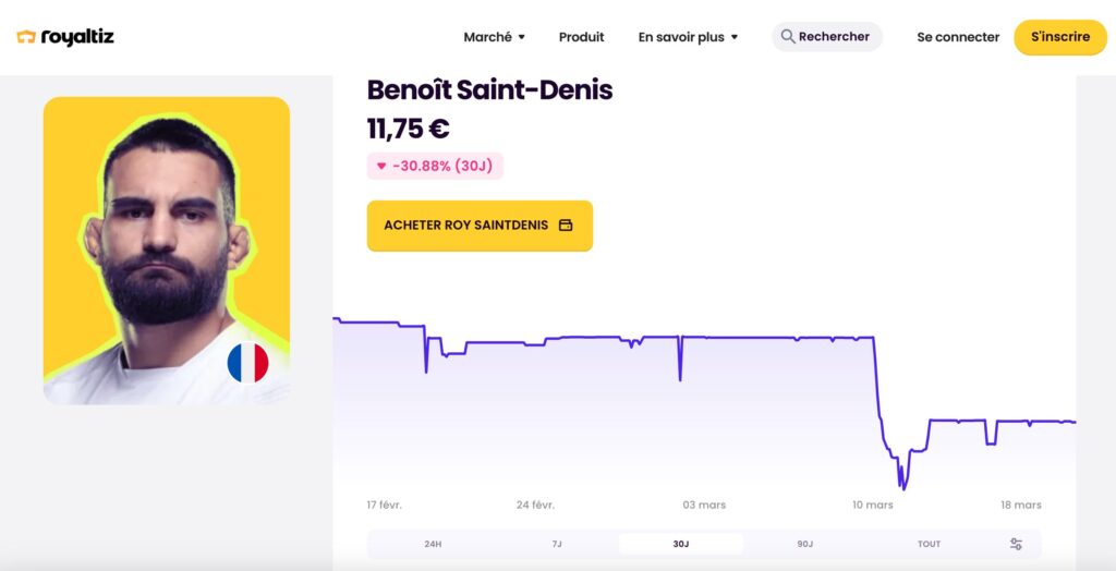 Sur Royaltiz, la valeur de Benoit Saint-Denis est en baisse // Source : Royaltiz / Capture d'écran Numerama